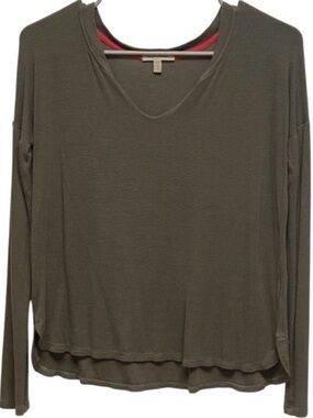 Bordeaux Olive Green V Neck Layered Hem Long Sleeve Top XS